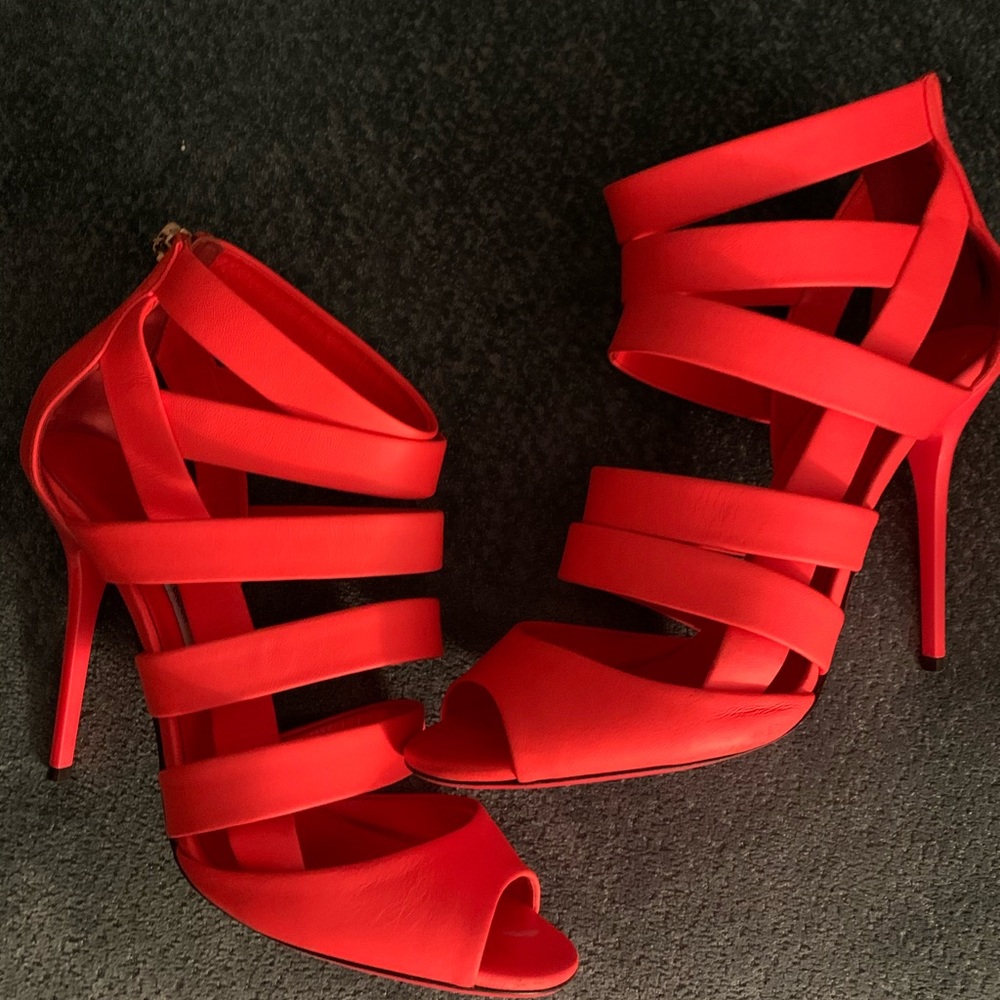 Red Strappy High Heel Sandals - Women